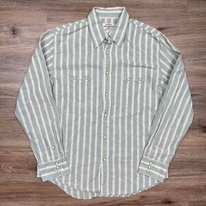 beautiful polo jeans co sage green and white striped western style pearl snap